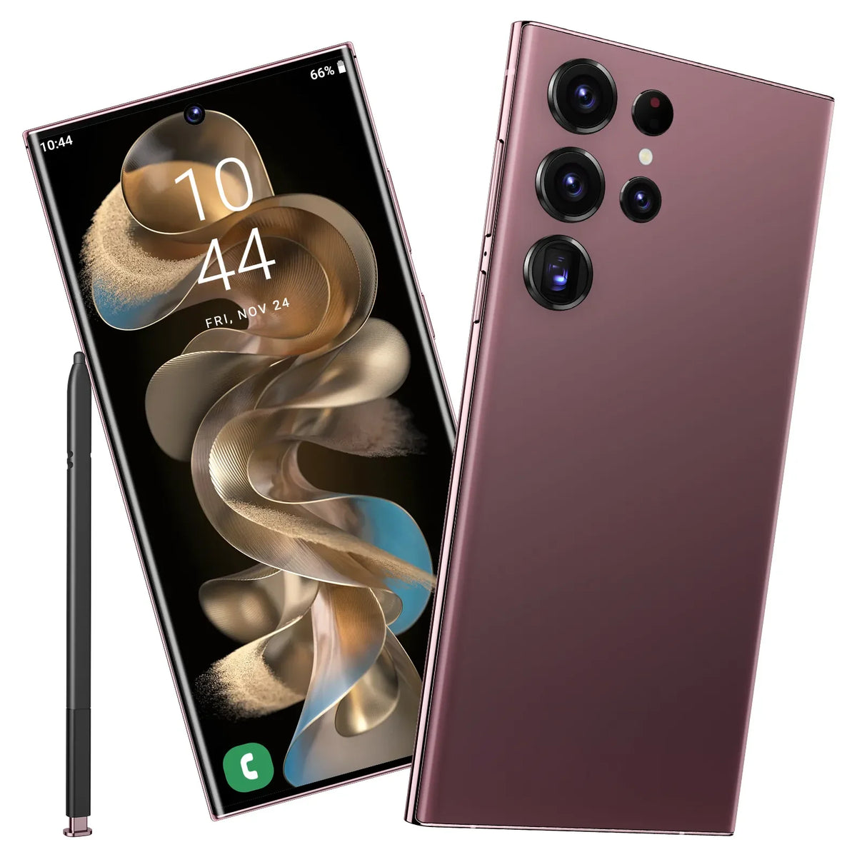 Rose gold smartphone front and back view with quad rear cameras, with stylus