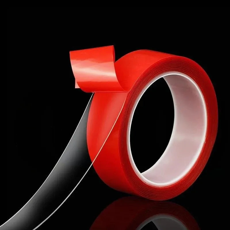 Red double-sided tape roll with clear adhesive ring, waterproof style