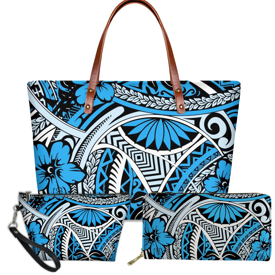 3-piece blue Polynesian tribal print handbag set with floral motifs, brown leather straps, and zipper closure.