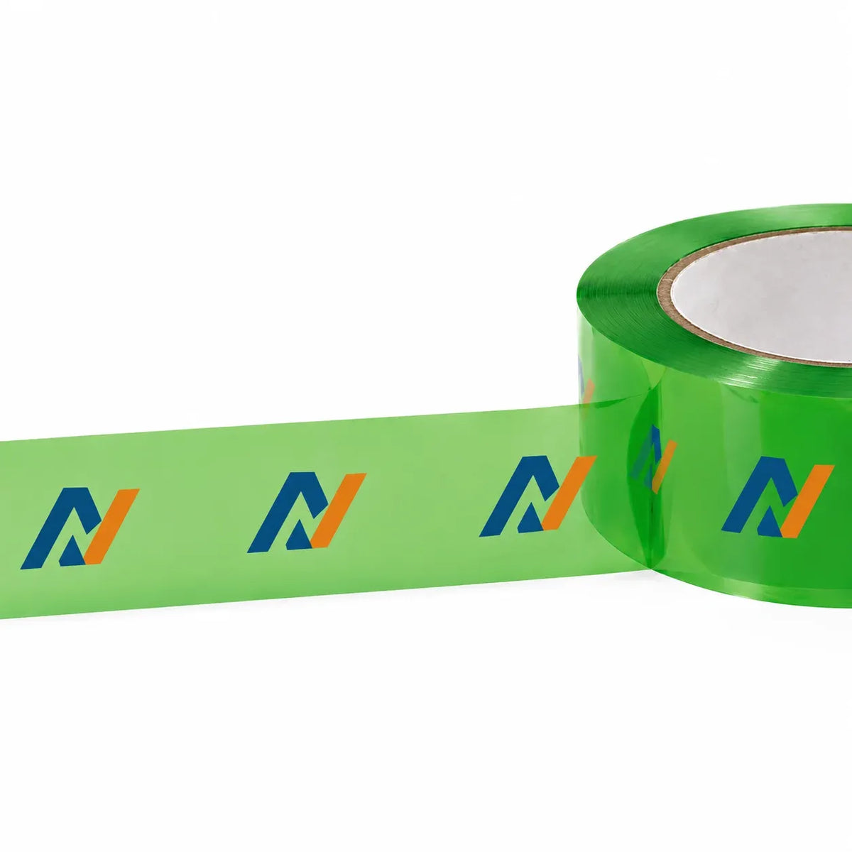 Green packing tape with repeating blue and orange “N” symbols, tape roll and strip