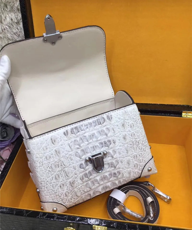 Authentic Exotic Crocodile Skin Women's Small White Purse Genuine Real Alligator Leather Lady Handbag Female Cross Shoulder Bag