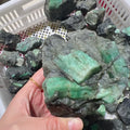 Large rough green crystal quartz chunk in hand, mint-green crystal faces on dark gray rock