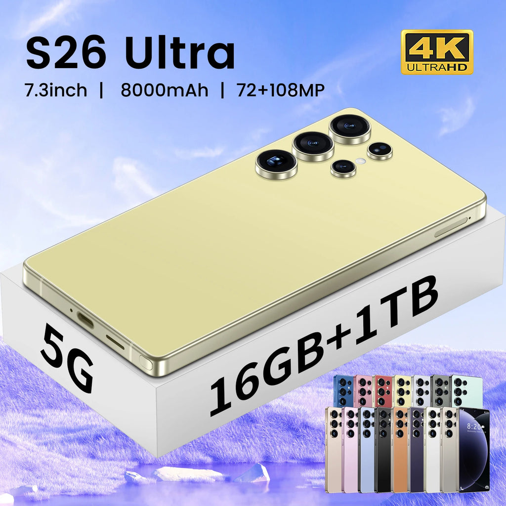 Brand new unlocked S26 Ultra 5G smartphone with 16GB RAM and 1TB storage, 7.3 inch HD display, and pro camera system.