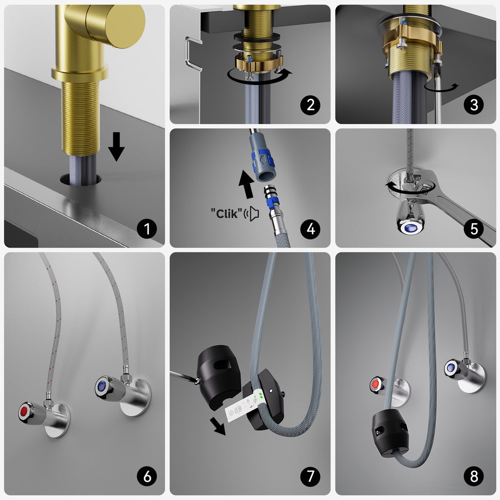 Kitchen faucet with pull-out shower, 2 jets, 360° swiveling pull-out shower, brushed kitchen mixer