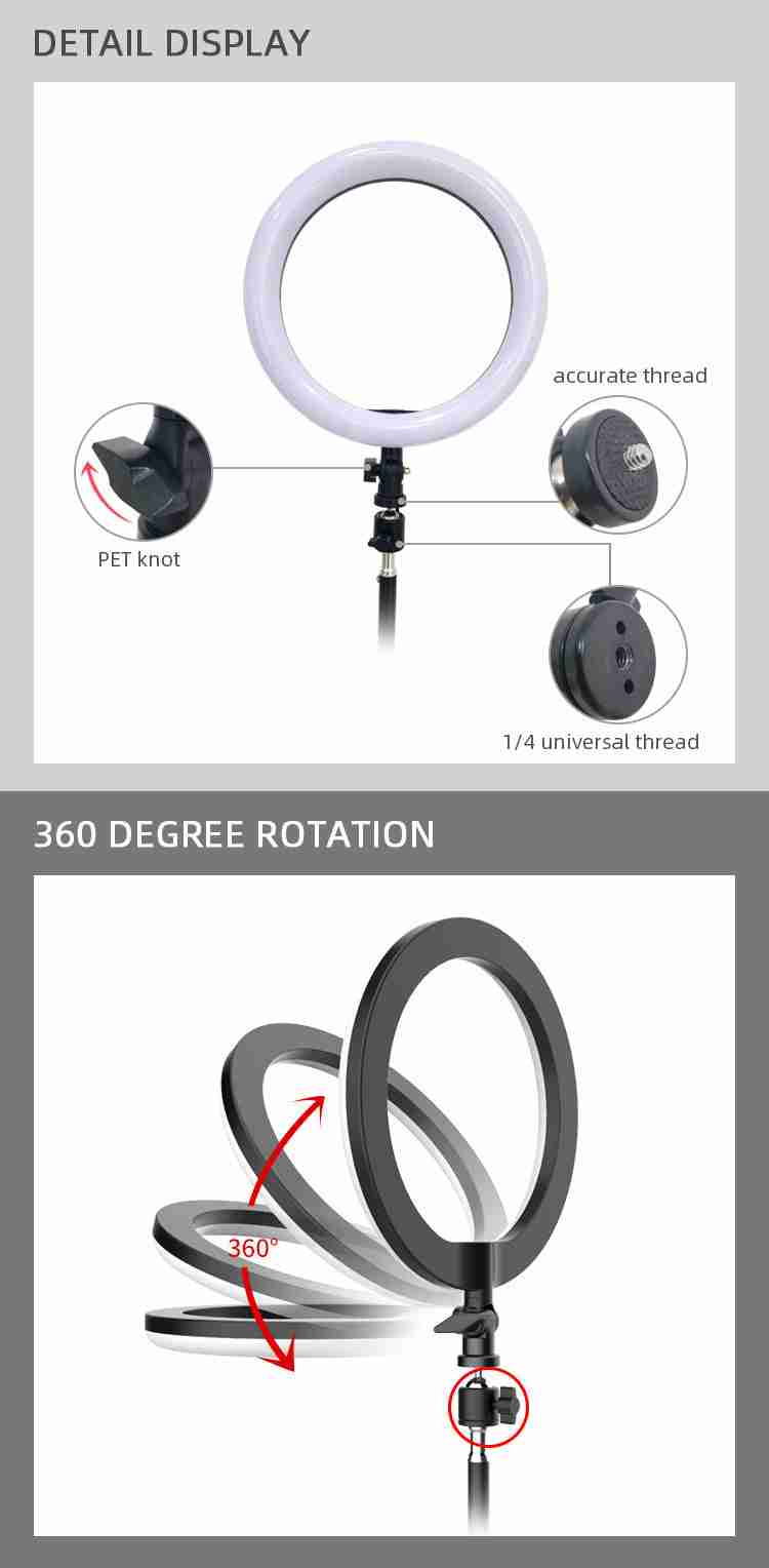 Circular LED ring light on an adjustable stand with universal threads and 360-degree rotation for photography lighting.