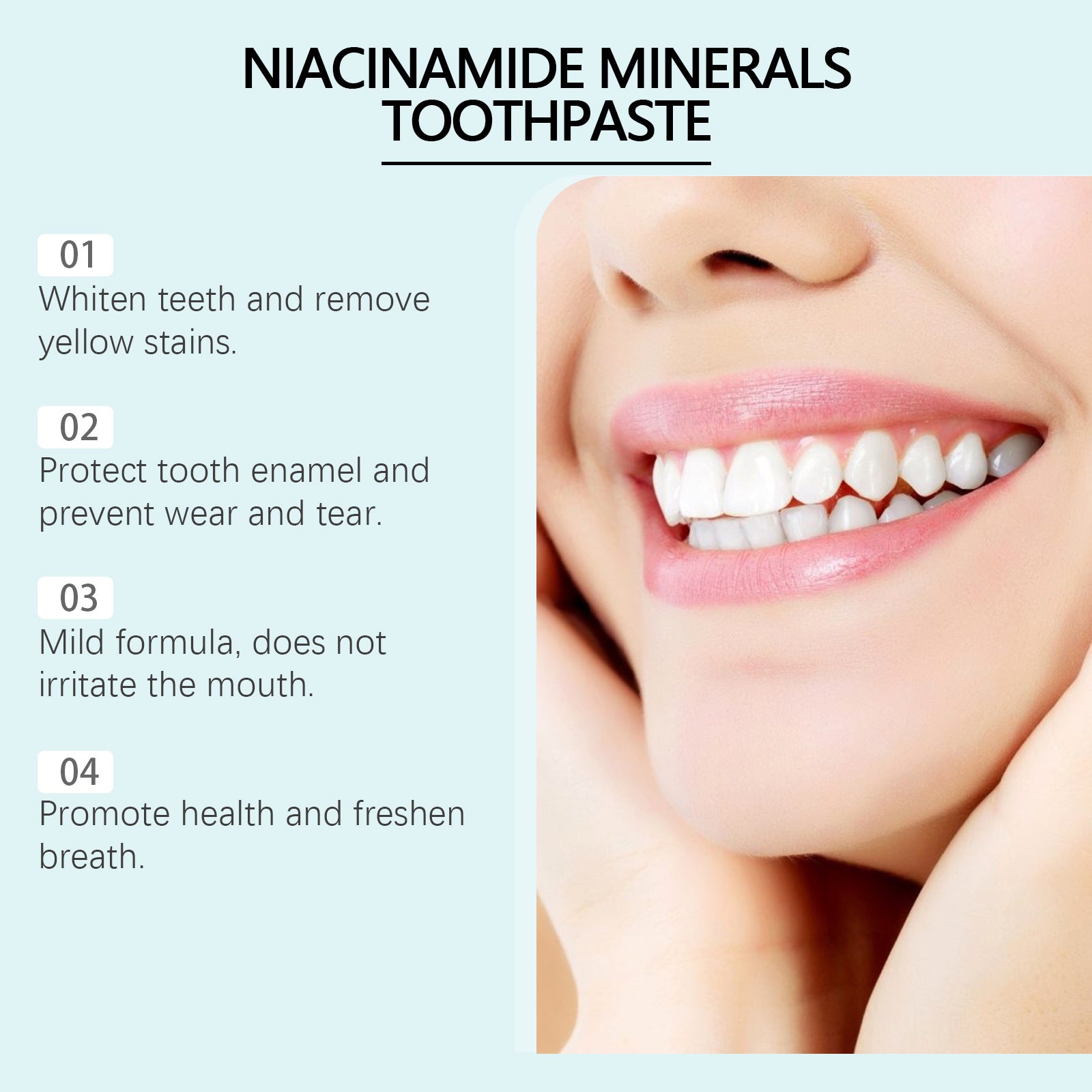 Tidesmit Niacinamide bleaching toothpaste for plaque removal, yellow stain reduction, and fresh breath.