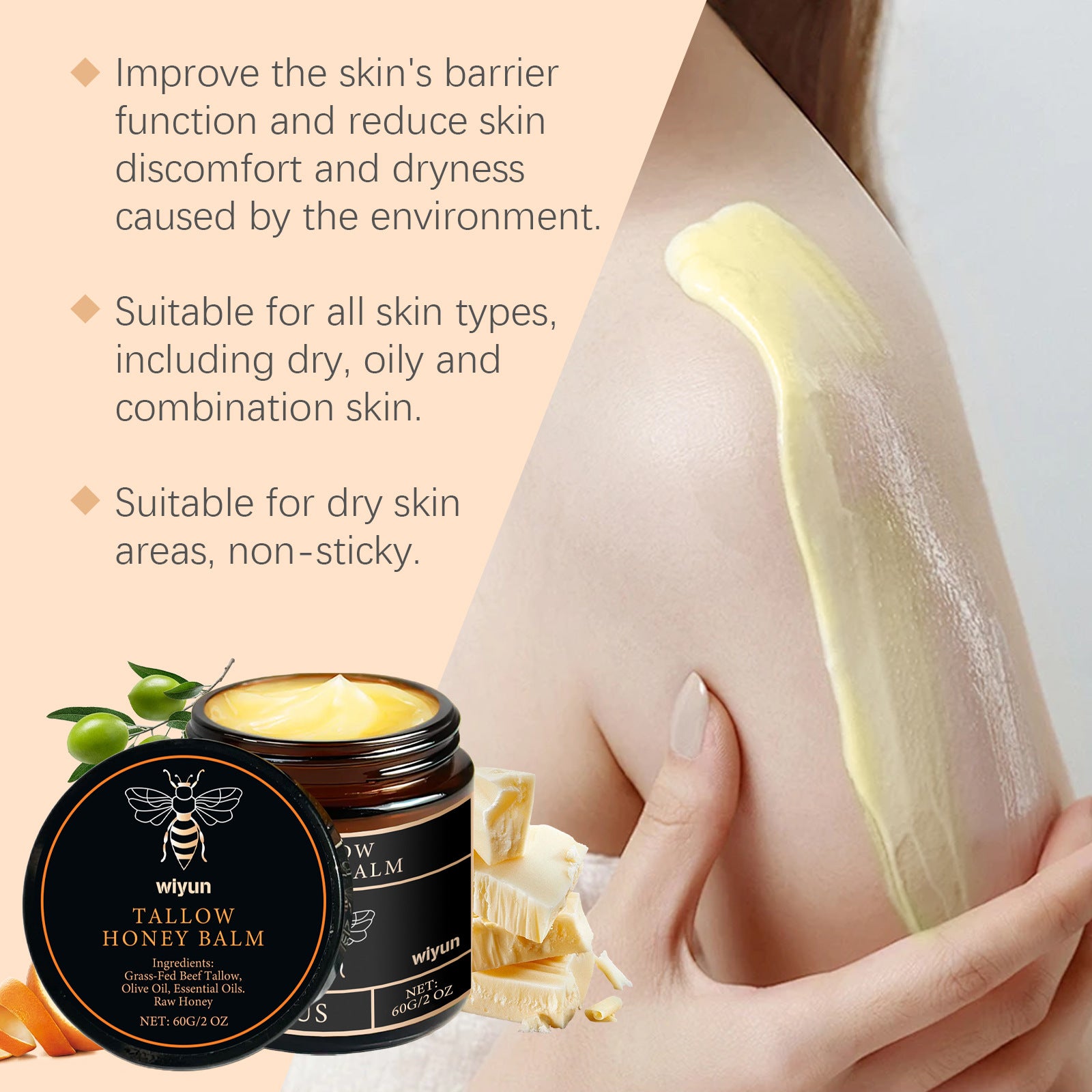 Organic Grass Fed Beef Tallow Balm Raw Honey Moisturizing Soft Improve Elasticity Long-Lasting Smooth Hydrating Cream Skin Care