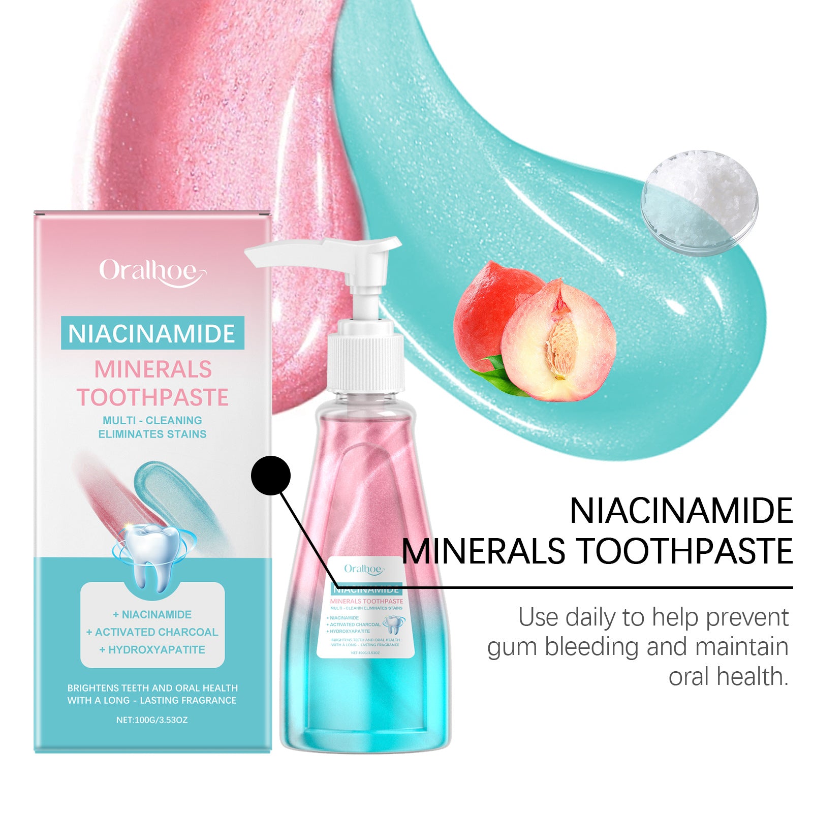 Tidesmit Niacinamide bleaching toothpaste for plaque removal, yellow stain reduction, and fresh breath.