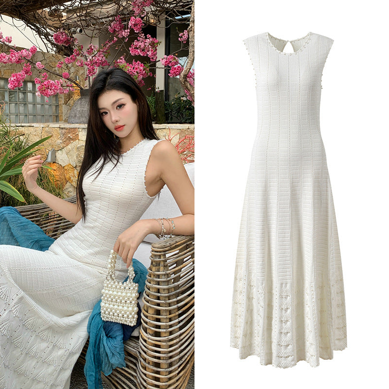 CHUJIE 2025 Summer 3-Piece French Style Set - Knit Maxi Dress + Sleeveless Top + Cover-Up, Pearl & Hollow Out, Viscose+Nylon