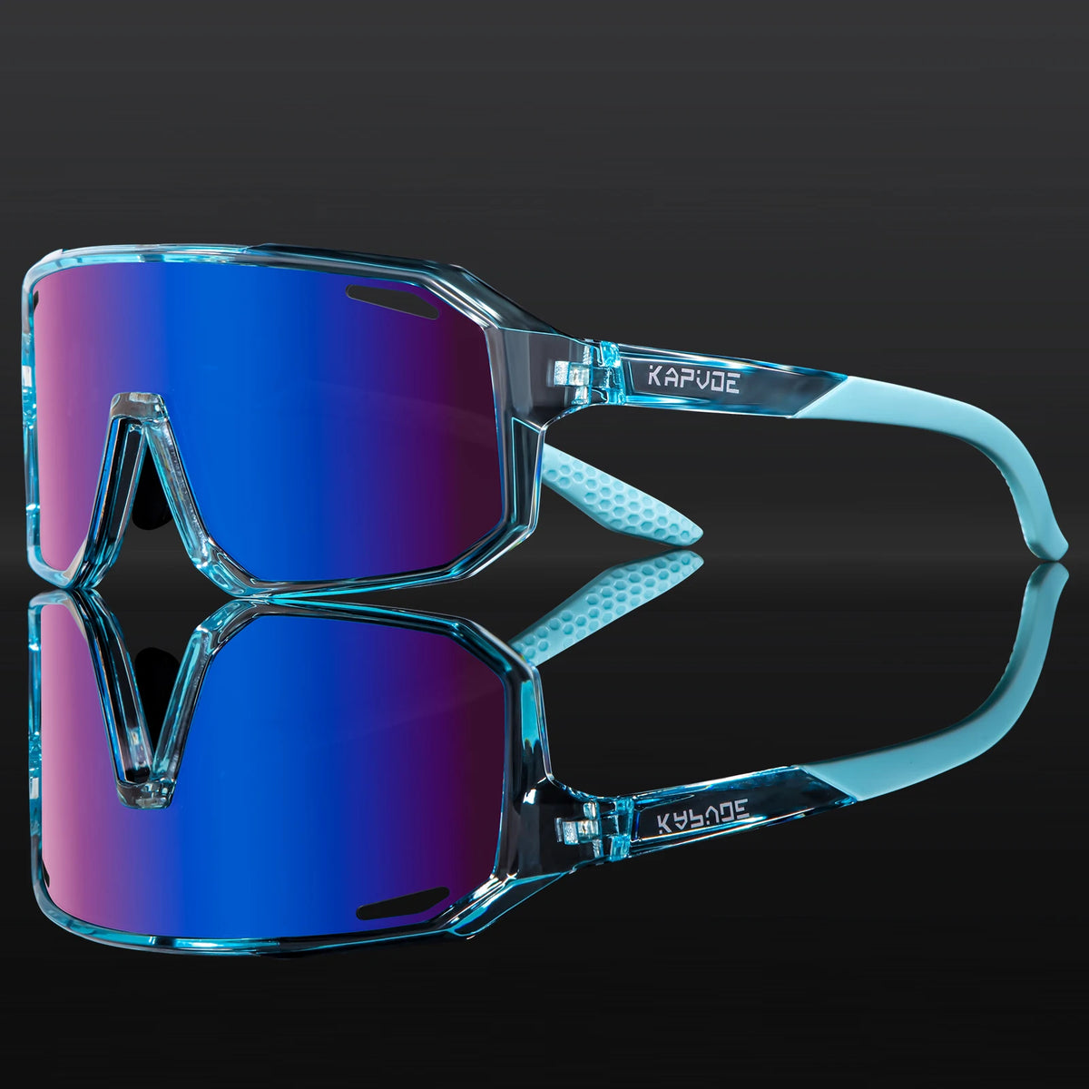Kids polarized sport sunglasses with turquoise frame and blue mirrored lenses.