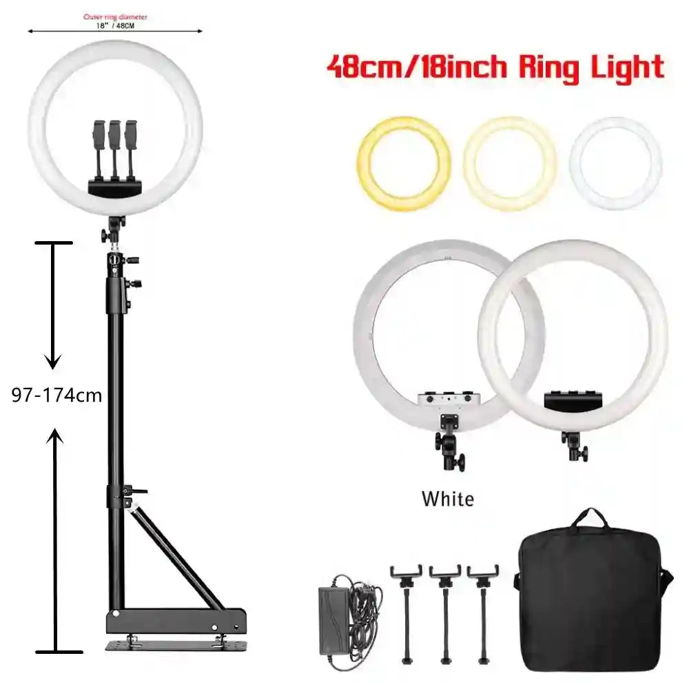 18-inch LED ring light with adjustable stand, three phone holders, power adapter, and carrying case for photography.