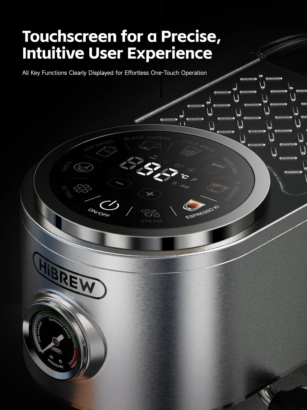 HiBREW stainless steel espresso machine with digital touchscreen control panel and built-in pressure gauge.