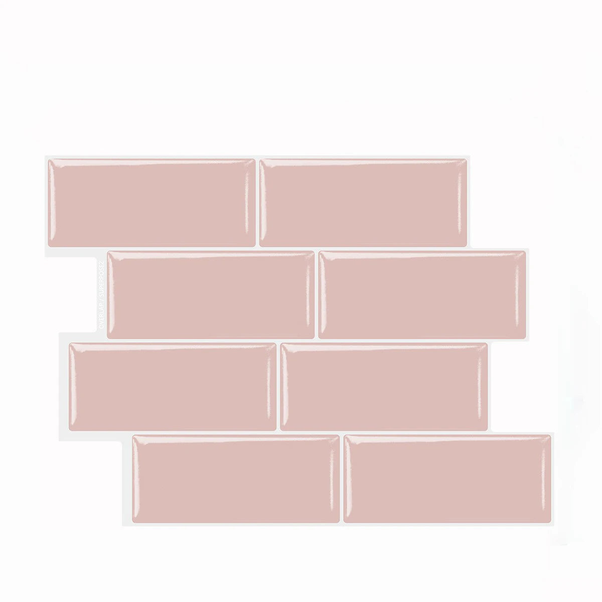 Blush pink glossy subway tile peel-and-stick sheet with rectangular brick pattern