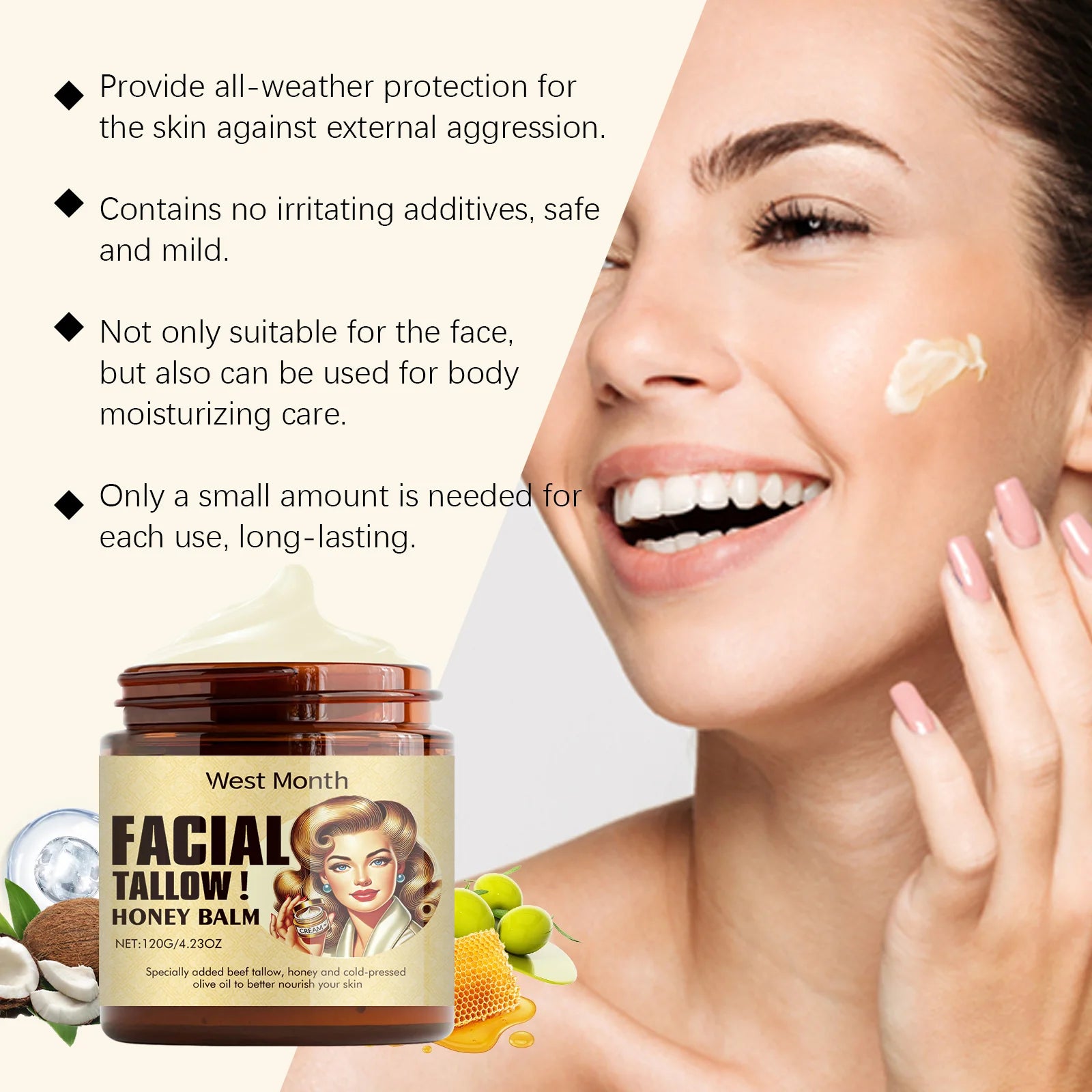 Beef Tallow Face Cream Moisturizing Dry Skin Firming Increase Elasticity Fade Fine Lines Smoothing Repair Nourishing Face Cream