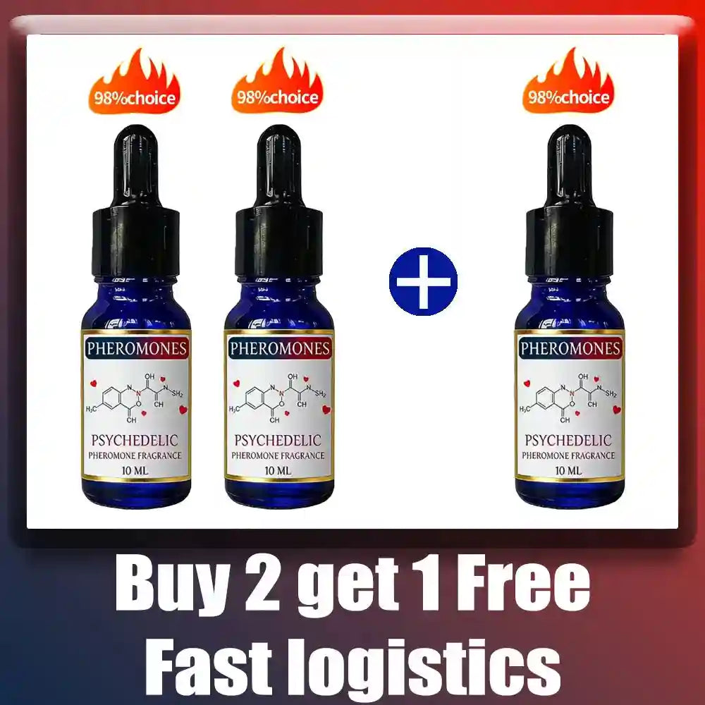 Psychedelic pheromone oil for men: 3-pack blue dropper bottles, long-lasting scent for dates and social events.