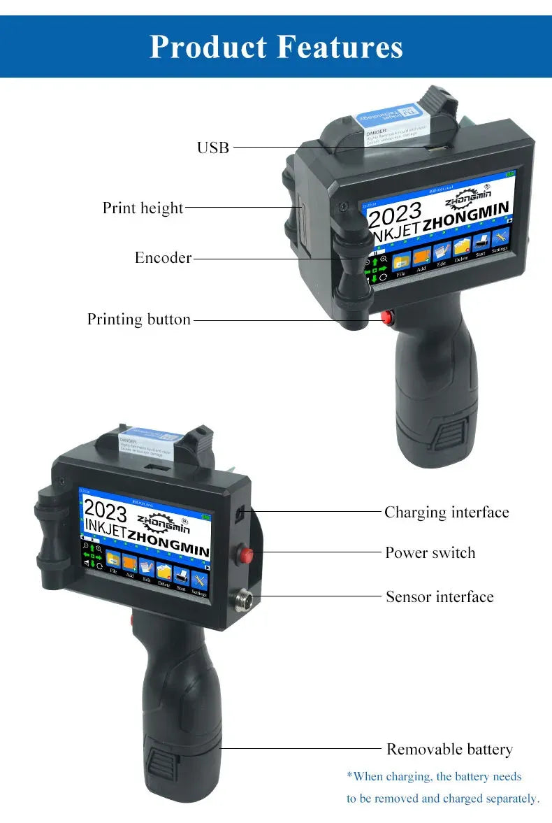 ZM-Z20 25.4mm Handheld Inkjet Printer for Text QR Barcode Batch Number Logo Date Label Coding Machine Portable Mini Printer