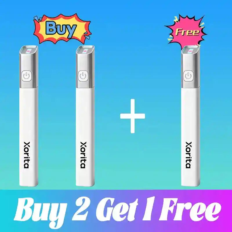 White handheld laser plasma pen for skin tag, wart, and freckle removal with power button on blue background.