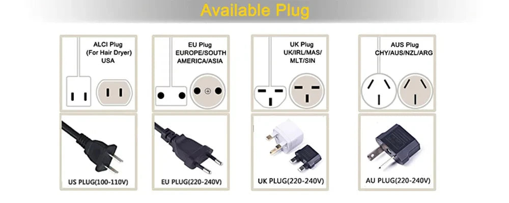 TINSOL 3-in-1 styling tool plug options: US, EU, UK, and AU adapter sets for international hair care compatibility.