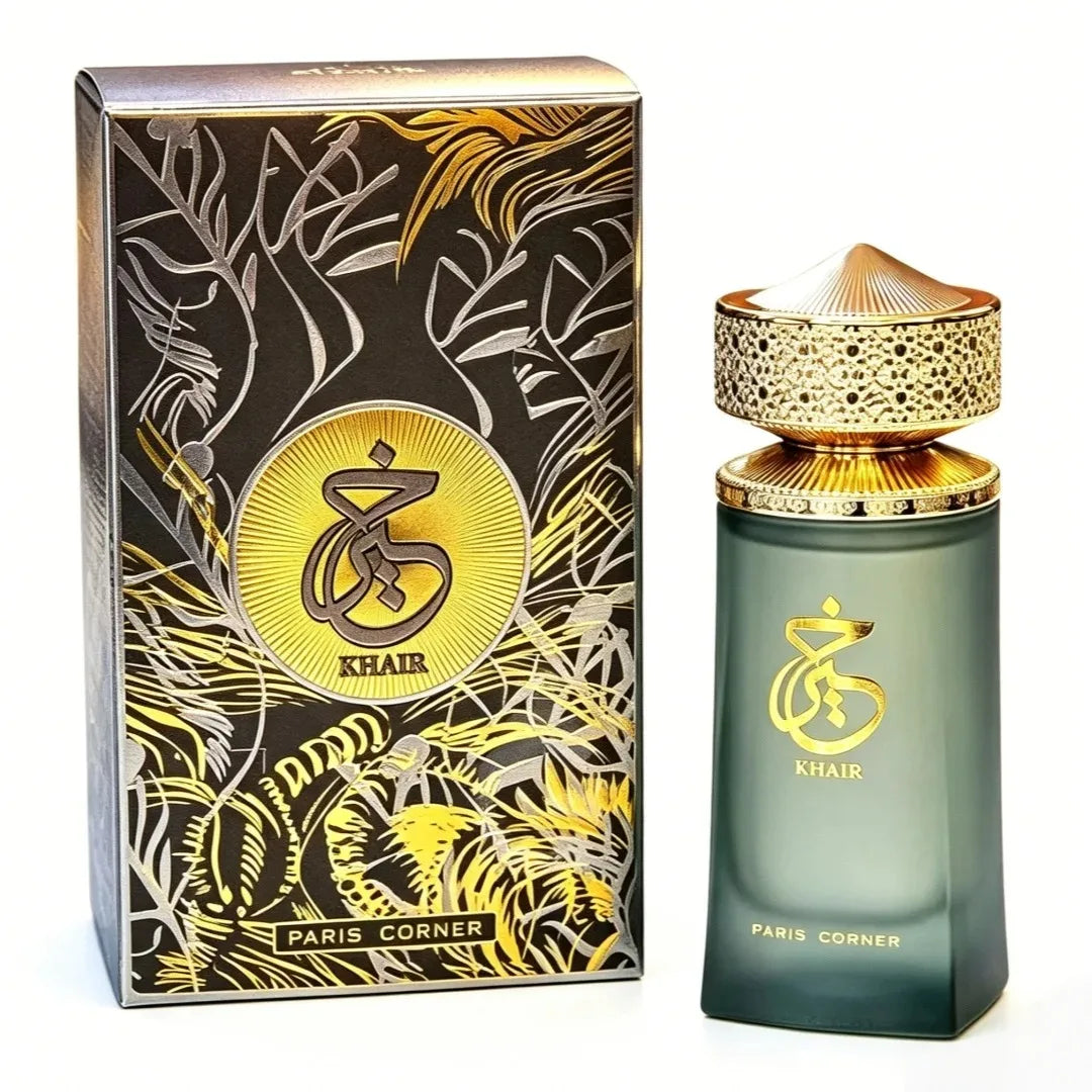 Paris Corner Khair EDP: Premium unisex Arabian perfume, 100ml matte green bottle with gold ornate cap and luxury box.