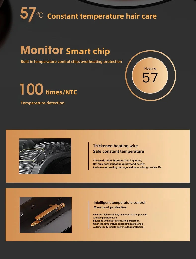 Wall-mounted hair dryer with 57°C constant temperature, smart NTC chip, and overheat protection for safe styling.