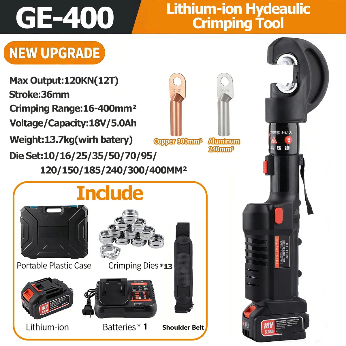 Electric Hydraulic Crimping Pliers With 13 Dies 12T Rechargeable Crimper Tool Portable Crimper Kit for Copper Aluminum Terminal