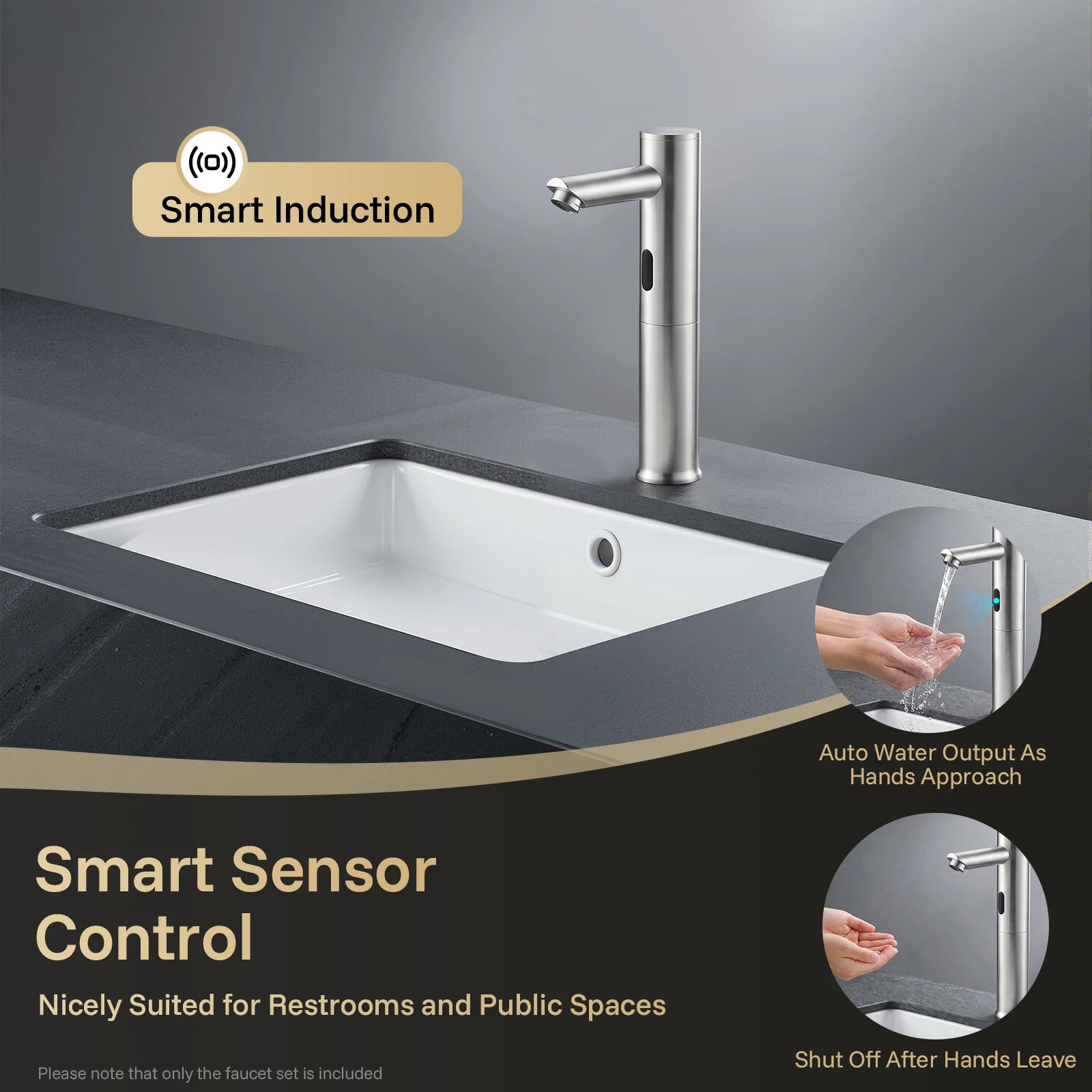 Automatic Sensor Faucet, Touchless Stainless Steel Bathroom Sink Mixer Tap, Hands-Free Cold Water Only with Control Box, Modern Silver Tall Design for Home Hotel Kitchen Hospital, Easy Clean Anti-Rust