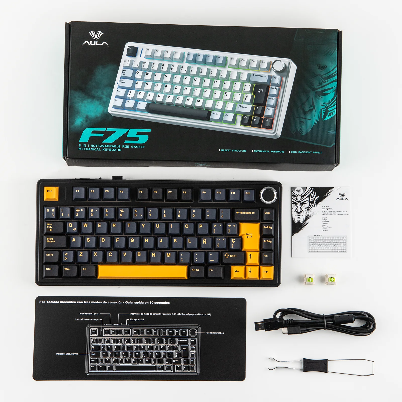 EPOMAKER AULA F75 ISO-ES 75% Spanish QWERTY Hot-Swap Gasket-Mounted Wired/Bluetooth/2.4GHz Wireless Mechanical Gaming Keyboard RGB Backlight