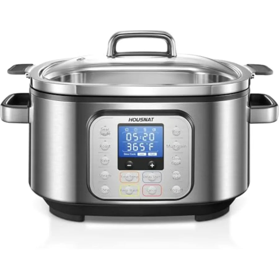 Programmable stainless slow cooker with glass lid, handle, and LED control panel, silver