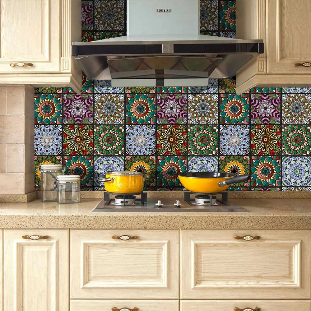 10 pcs/pack, Floral Mandala PVC Self-Adhesive Tile Stickers - Waterproof, Oil-Proof, Easy to Clean for Home Decoration