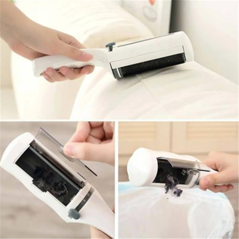 White self-cleaning pet hair remover brush effectively cleaning fur and dust from furniture and clothes.