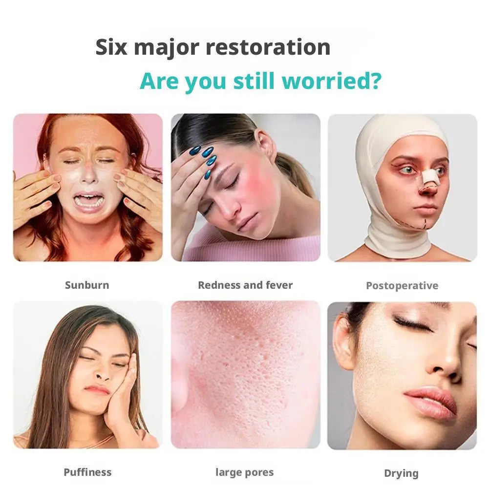 An infographic showing six common skin conditions like sunburn, redness, puffiness, and large pores.