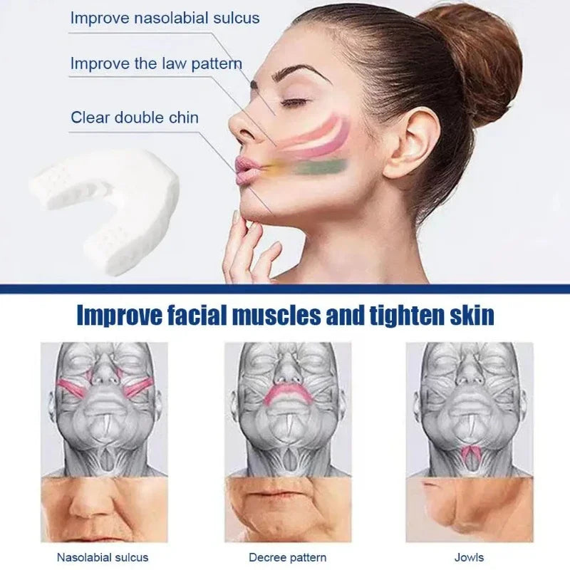 White silicone jaw exerciser with instructional diagrams showing face muscle toning and reducing lines and double chins.