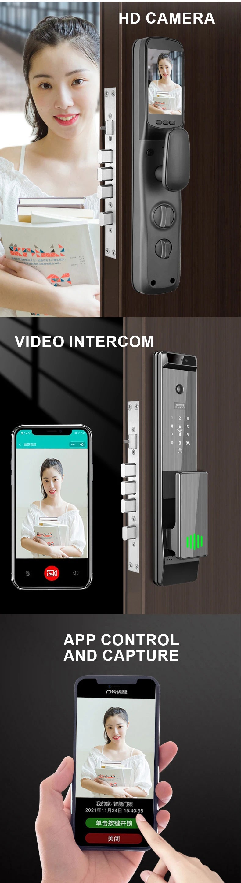 Hot Selling Tuya Smart Door Lock with WiFi APP & Tuya Smart Camera Fingerprint Face Recognition & Key Password Card Smart Lock