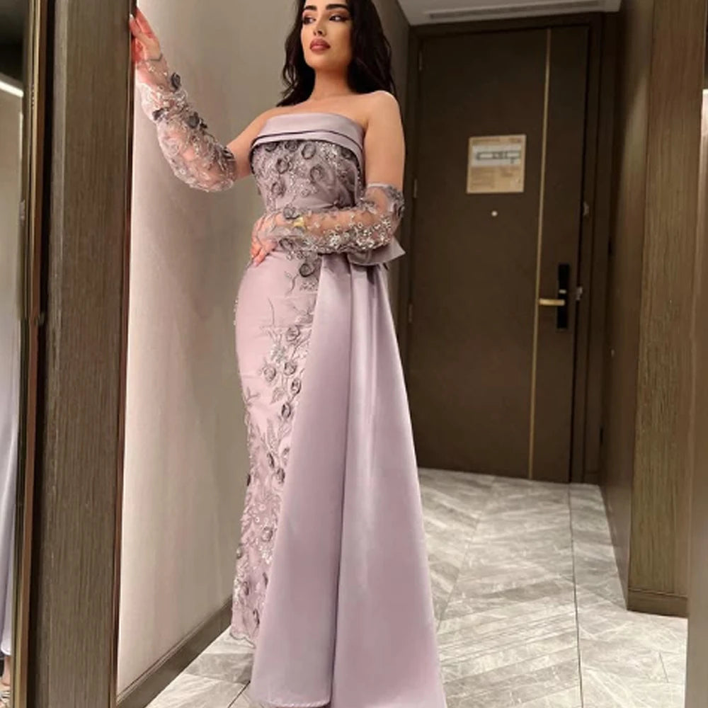 Customized High quality Classic Exquisite Retro Jersey Applique Straight Strapless Long Dresses Prom Dresses Matching