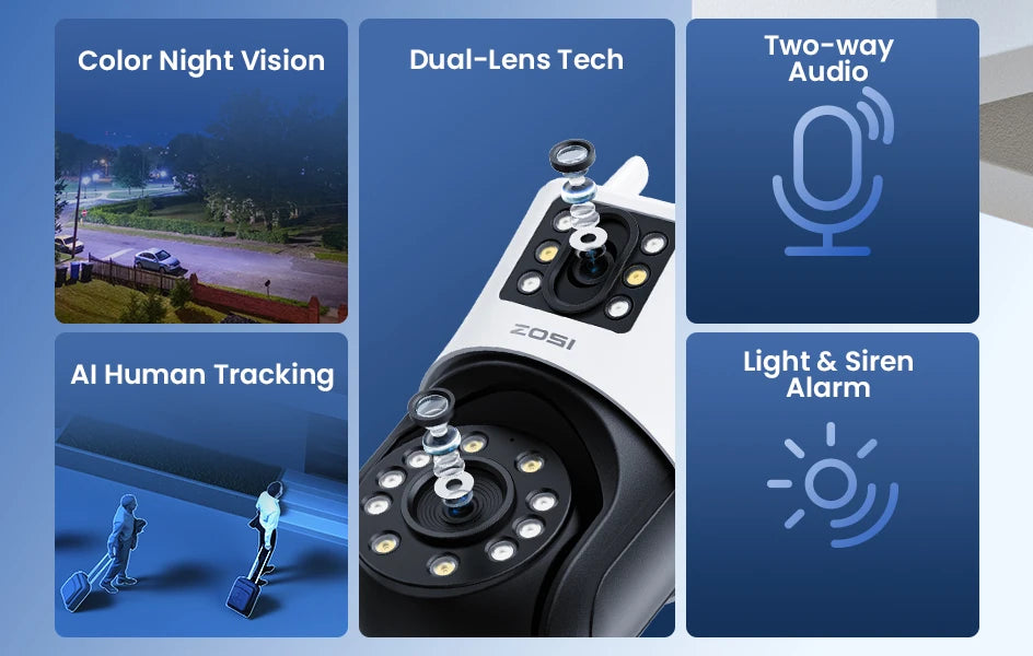 ZOSI C298 8MP/4MP Dual-Lens Wired WiFi PTZ Security Camera Outdoor Wide Angle 8X Hybrid Zoom AI Detection 360 Surveillane Camera