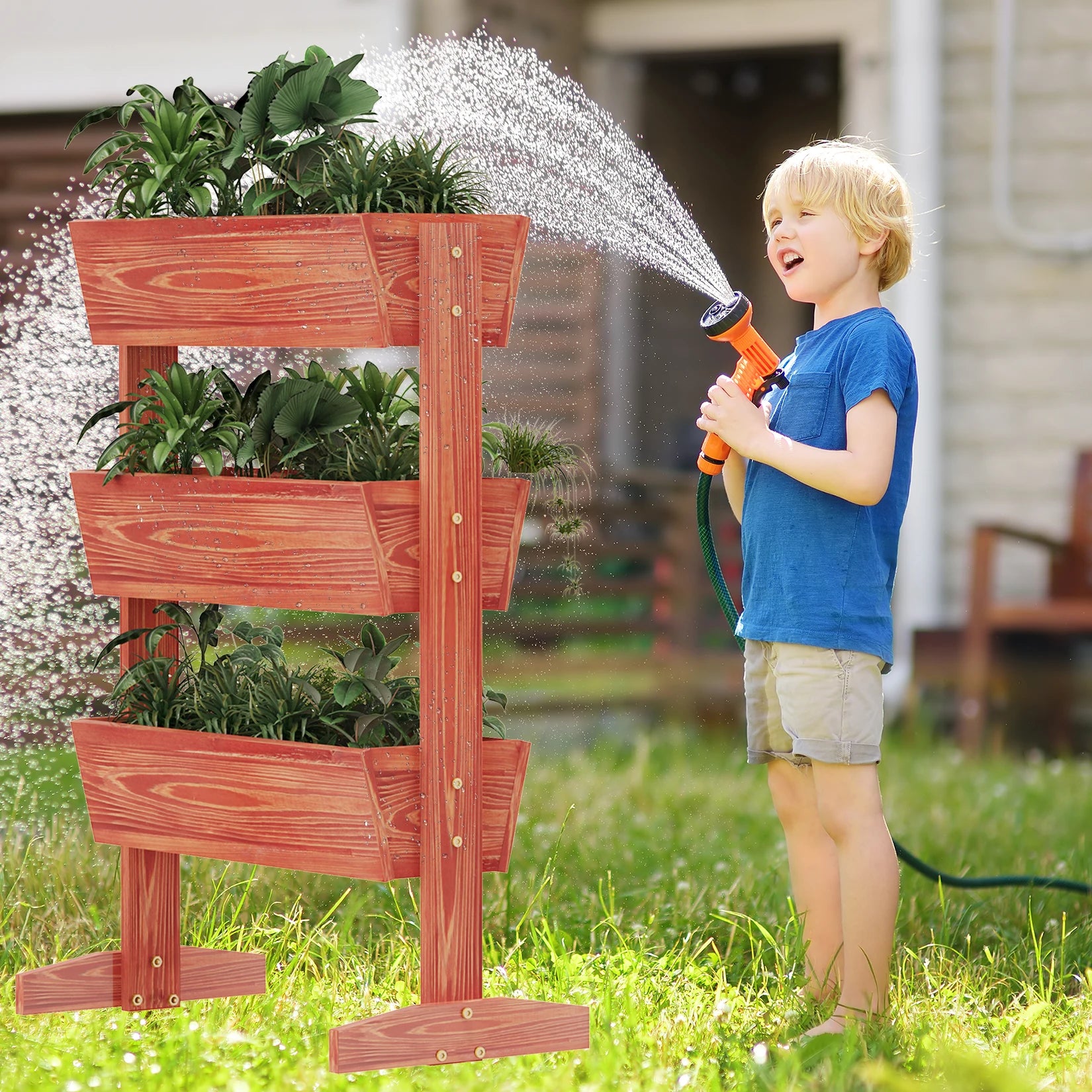 4-Tier Vertical Raised Planter Box Elevated Garden Bed Outdoor Wooden Herb Vegetable Ladder Troughs for Gardening