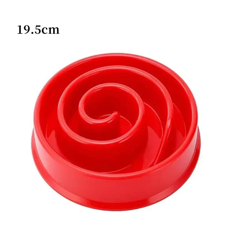 Red 19.5cm non-slip slow feeder bowl for dogs to prevent gulping and aid healthy digestion.