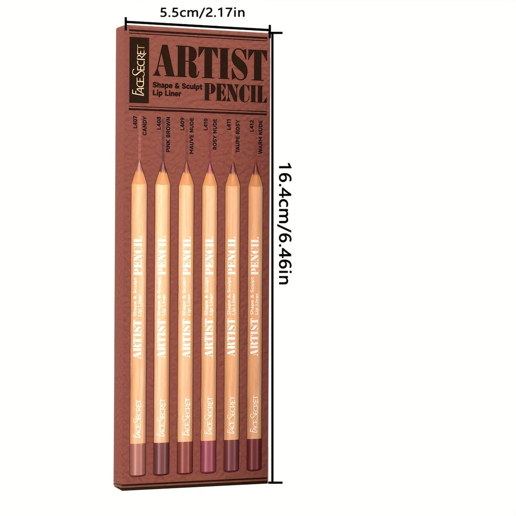 6pc nude lip liner set with velvety matte finish. Waterproof, long-lasting wood pencils in assorted natural shades.