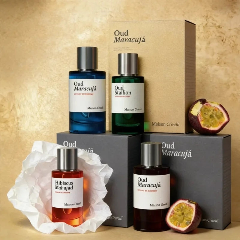 Maison Crivelli Oud Maracuja unisex EDP spray, 1.7oz luxury cologne bottle with passionfruit, woody oud scent notes.