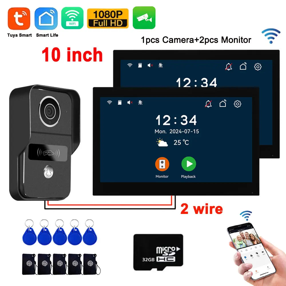 10-inch video door intercom kit with black camera, monitor screens, and 2-wire setup