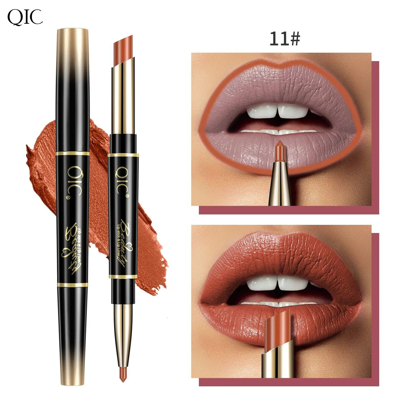 2-in-1 waterproof matte lipstick and lip liner pencil in nude red with dual-ended design for long-lasting lip makeup.