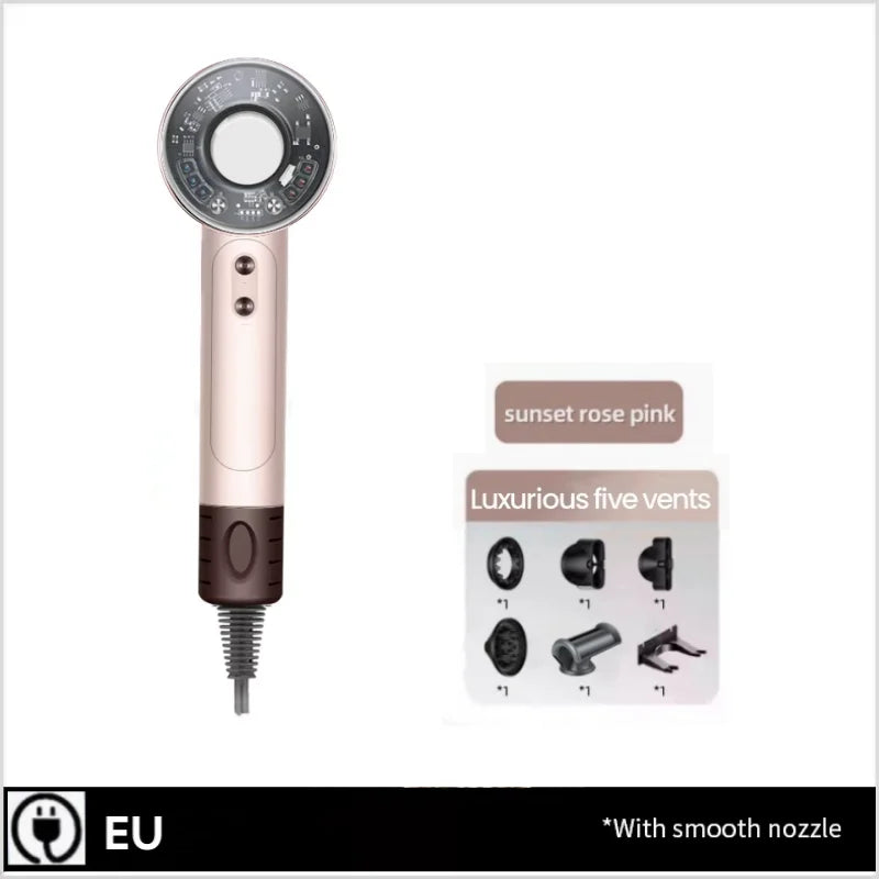 Sunset rose pink high-speed leafless hair dryer with 5 styling attachments for professional salon-quality hair care.