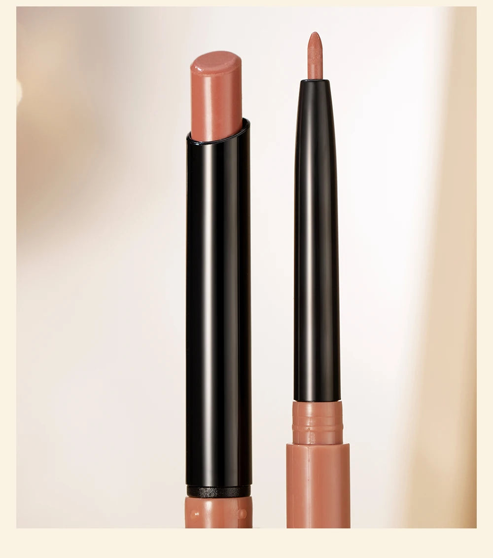 QIBEST 2pc nude matte lipstick and lip liner pencil set with long-lasting, waterproof formula in sleek black tubes.