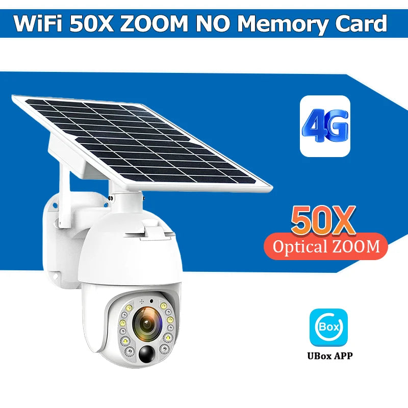 WiFi PTZ security camera with solar panel, white housing, 50x optical zoom, no memory card