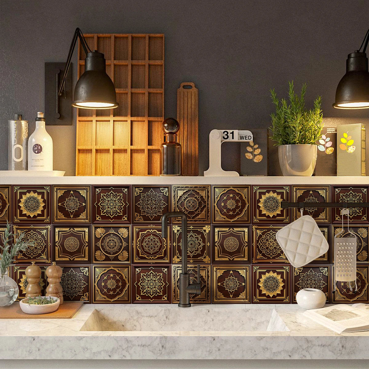 Kitchen wall tile wallpaper stickers with dark bronze and gold mandala geometric pattern