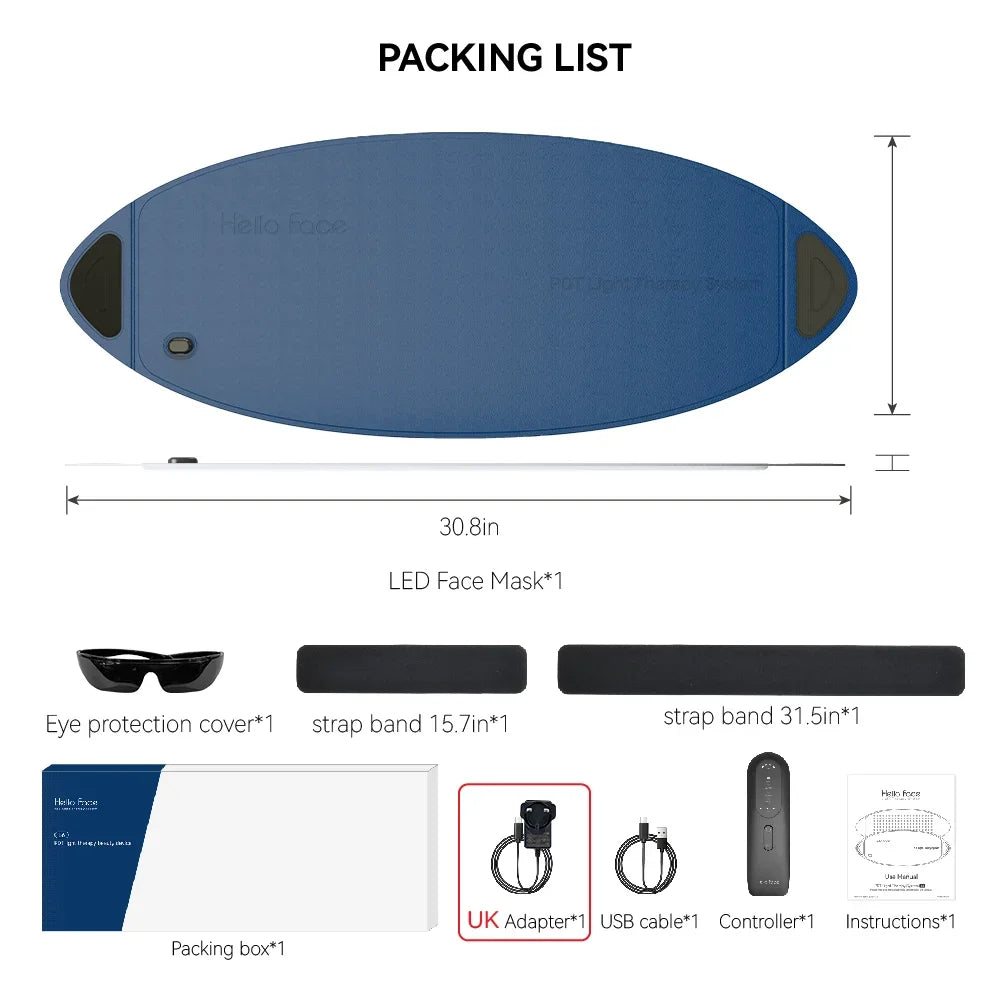 Packing list for a blue, oval-shaped LED light therapy mask, including straps, controller, goggles, and accessories.