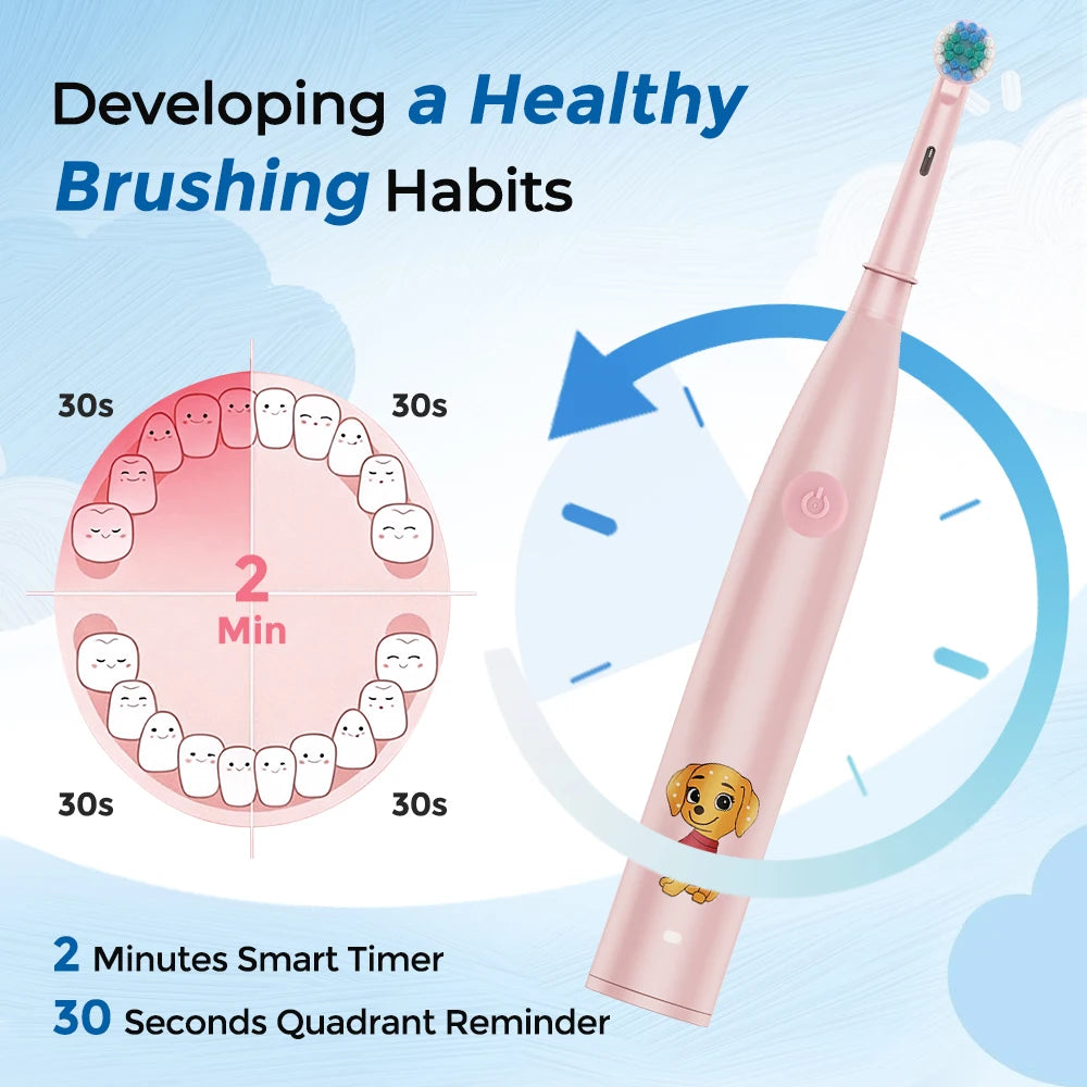 Children's Electric Toothbrush with 4 Replacement Heads Cartoon Kids Electric Toothbrush 5 Cleaning Modes Round Head Rotating