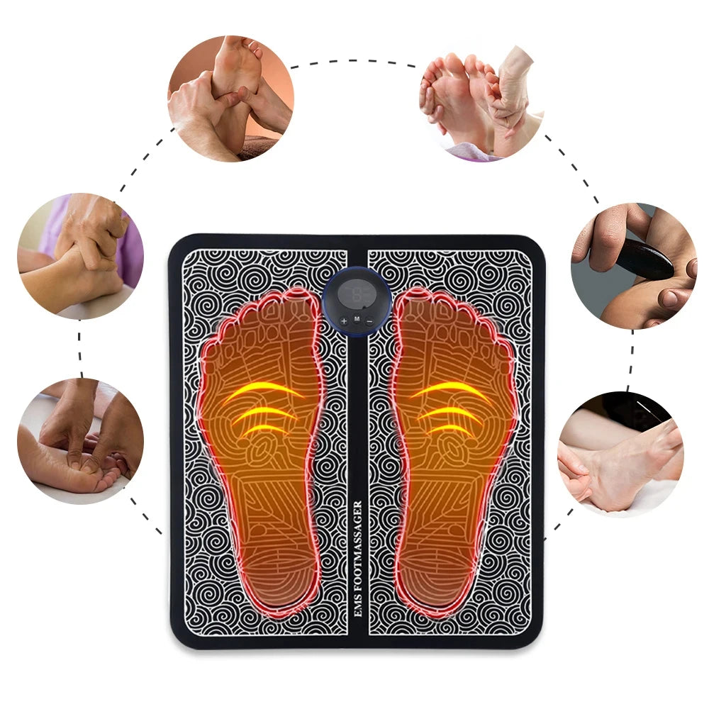 Rechargeable EMS foot massage mat with digital control, featuring foot relaxation therapy for sore muscle relief.