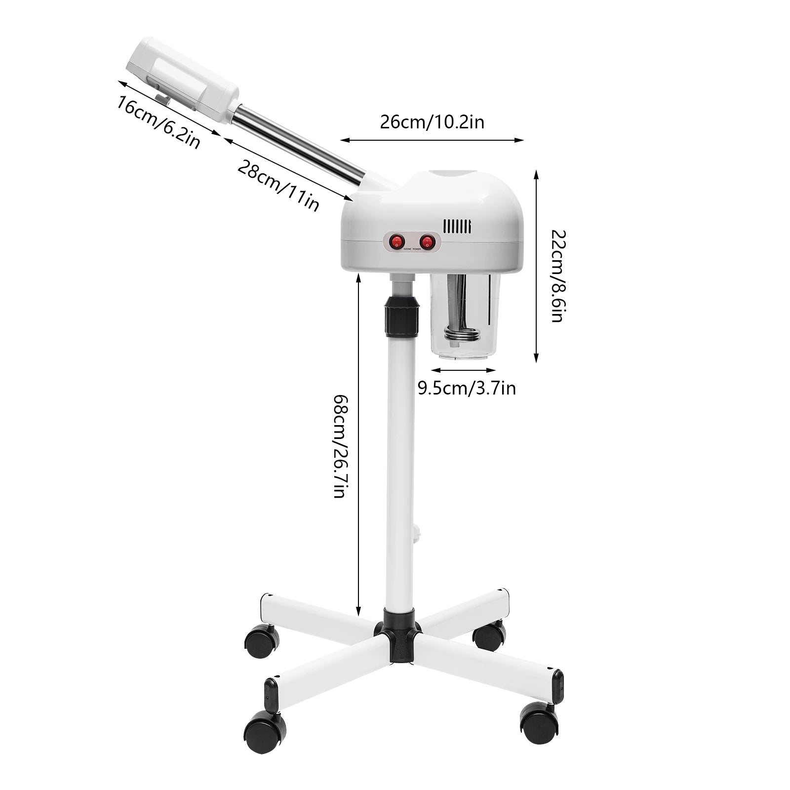 Professional 800W white facial steamer on rolling stand with 750ml water tank for spa and salon skin care treatments.