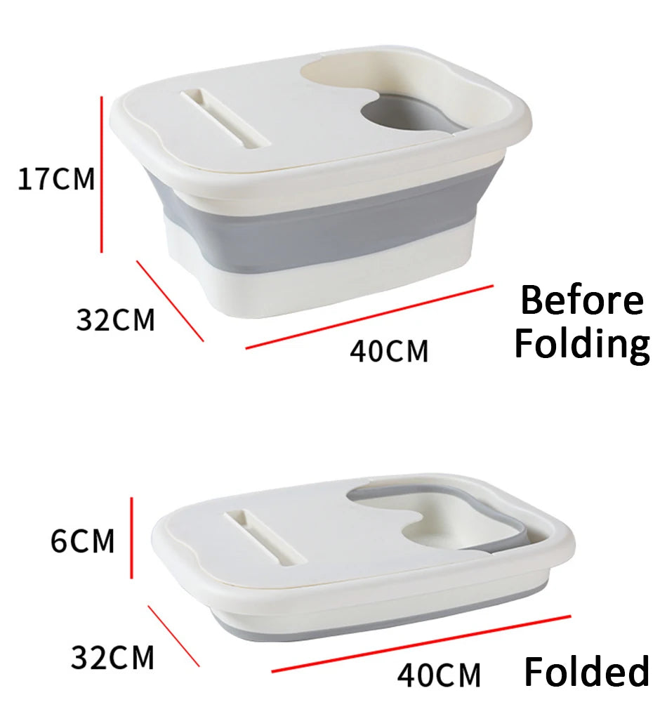 Foldable foot bath tub with dimensions, portable silicone basin for home and travel, ergonomic white and grey design.